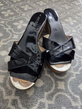 Jimmy Choo Panna Patent Leather Metal Logo Slide Sandal Shoe Cork Wedge Platform